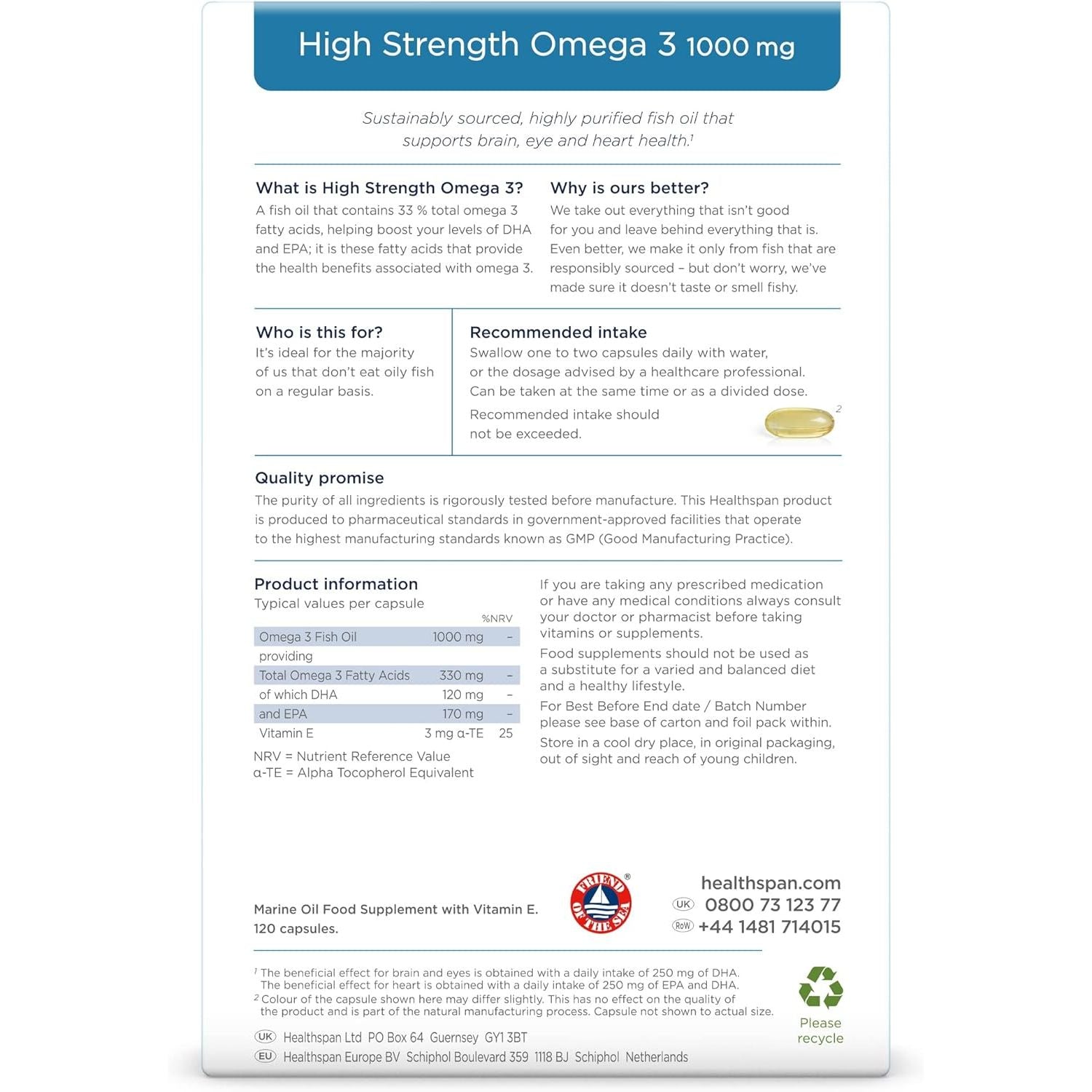 Healthspan High Strength Omega 3 1,000Mg (120 Capsules) | Supports Brain, Eye & Heart Health | 120Mg DHA & 170Mg EPA per Capsule | Highly Purified to Remove Toxins | Sustainably Sourced Fish Oil