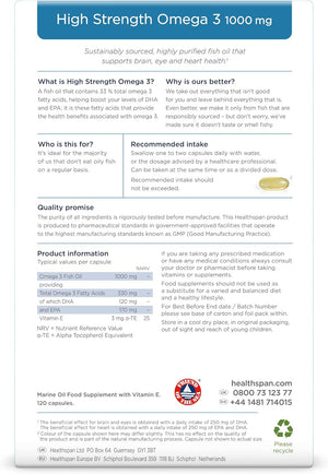 Healthspan High Strength Omega 3 1,000Mg (120 Capsules) | Supports Brain, Eye & Heart Health | 120Mg DHA & 170Mg EPA per Capsule | Highly Purified to Remove Toxins | Sustainably Sourced Fish Oil