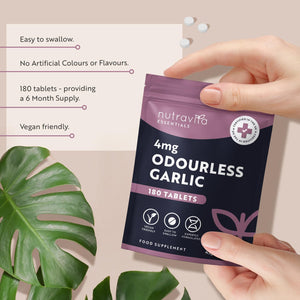 Odourless Garlic Tablets - High Strength Garlic Supplement - 180 Vegan Tablets (Alternative to Capsules) – 6 Month Supply - Easy to Swallow - Letterbox Friendly - Made in the UK by Nutravita
