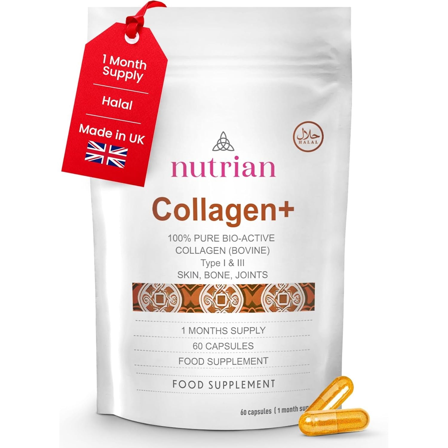 Nutrian Grass-Fed Hydrolysed Bovine Collagen Supplements 1200Mg, Type I and III Peptides for Skin, Bones and Joints Support, Bio Active Collagen Supplement for Women and Men, 60 Capsules