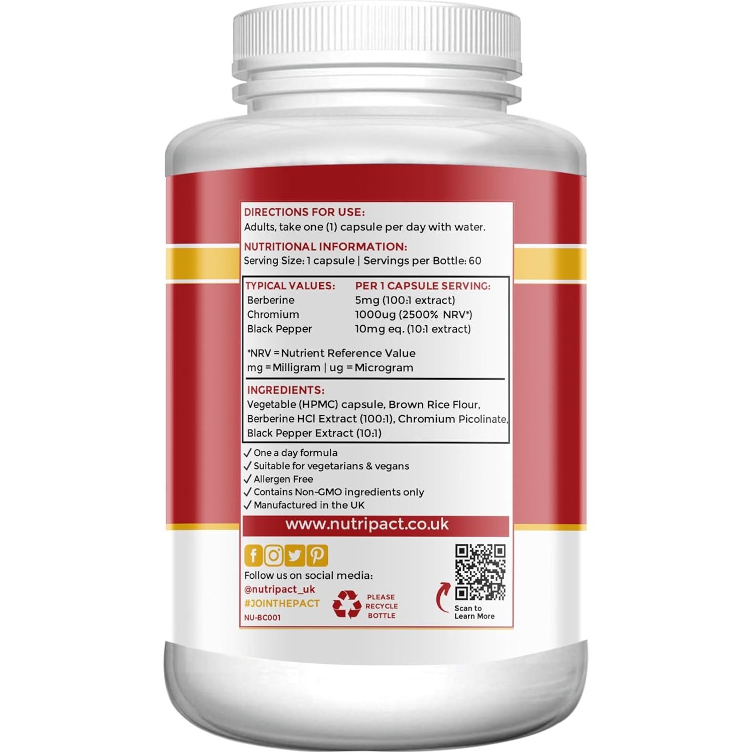 Nutripact Berberine Supplement with Chromium Picolinate and Black Pepper - 60 Vegan Capsules (Not Tablets) High Strength 500Mg - Made in the UK