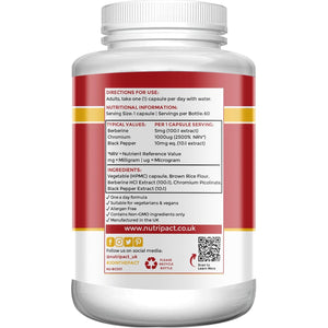Nutripact Berberine Supplement with Chromium Picolinate and Black Pepper - 60 Vegan Capsules (Not Tablets) High Strength 500Mg - Made in the UK