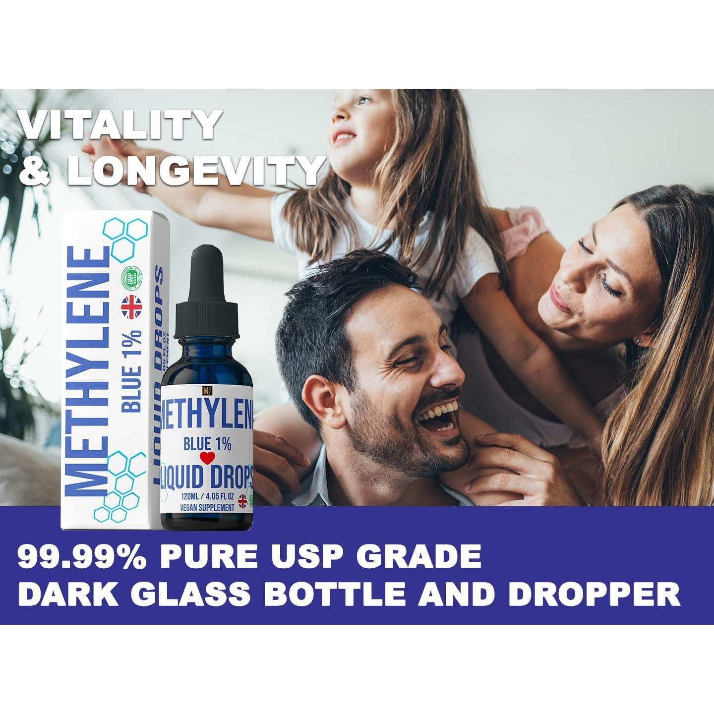Methylene Blue 1% Solution Drops 120 Ml | Highest Purity 99.99% | USP Pharma Grade Ingredients | High Strength Methylene Supplement | Formaldehyde Free | Multiminerals | Glass Bottle | UK Company