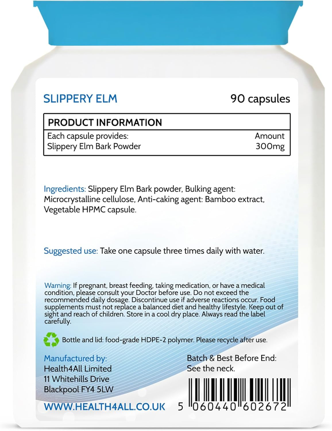 Health4All Slippery Elm 300Mg 90 Capsules, Digestive Health & Acid Reflux Support. Vegan Digestive Support Supplement, Slippery Elm Inner Bark Powder, Stomach Soothe, Gluten Free | Made in UK