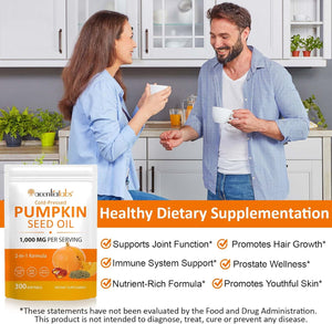 Pumpkin Seed Oil Capsules, Pumpkin Seed Oil Capsules Cold-Pressed 1,000 Mg per Serving, Supports Prostate Function, Hair Health, Rich in Essential Fatty Acids & Zin