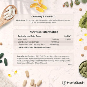 Cranberry Capsules 50,000 Mg | High Strength Cranberry Extract with Vitamin C | 180 Vegan Capsules | Supplement for Women & Men | by Horbaach