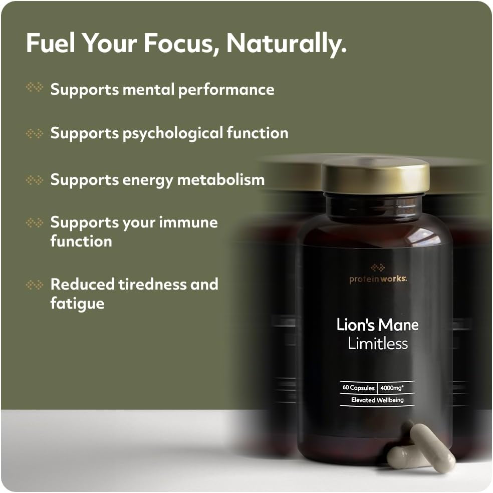 Lion'S Mane Limitless | 4000Mg per Serving | Supports Mental Performance & Energy | 12:1 Extract | 60 Capsules - Protein Works