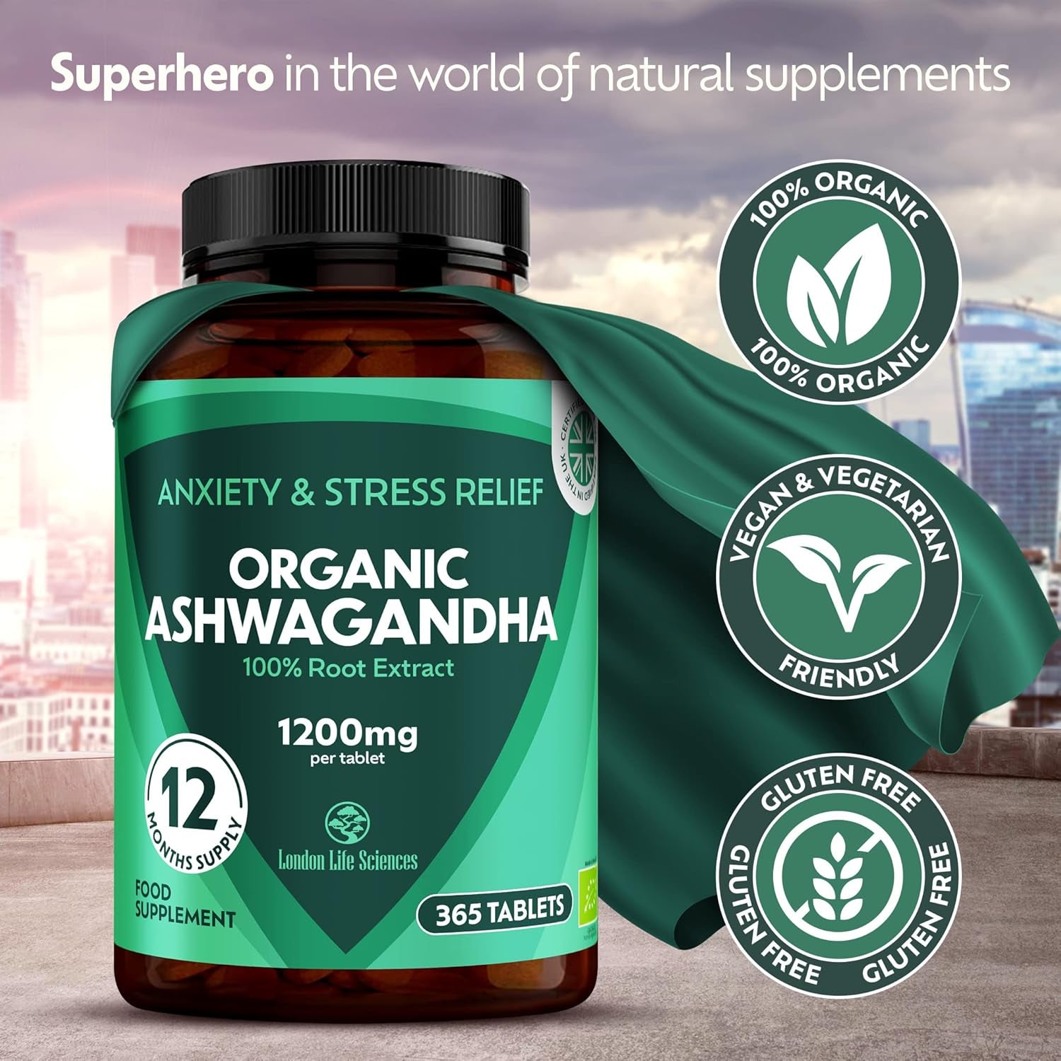 Organic Ashwagandha 1200Mg - 365 Tablets High Concentration Vegan Organic Root Extract - 12 Months Supply