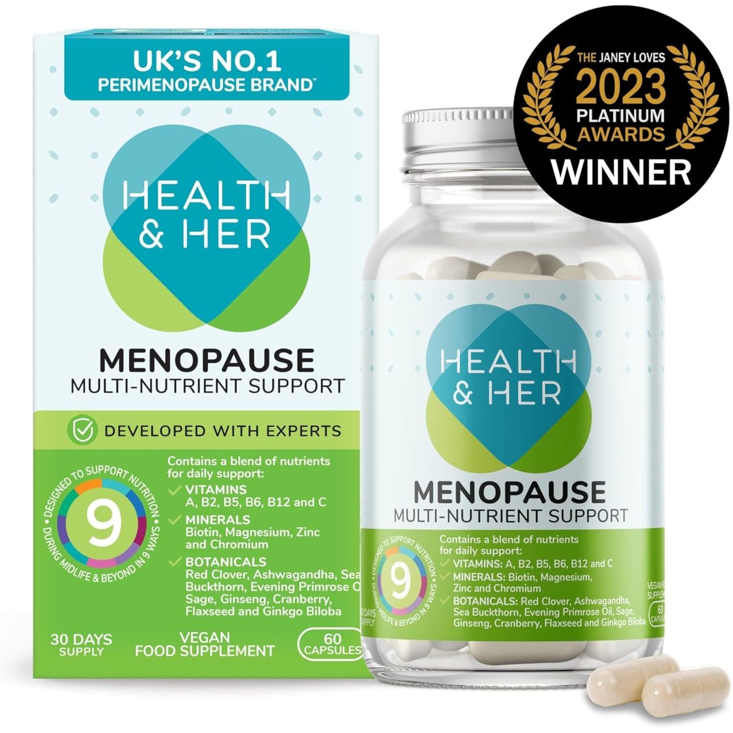 Health & Her Menopause Supplements for Women - Multi-Nutrient Wellbeing Support - Wellbeing for Menopause - 1 Month Supply, 60 Capsules - Vegan
