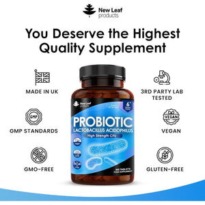 Lactobacillus Acidophilus Supplements 365 Tablets High Strength - Digestive & Gut Health Supplements Lactobacillus Live Cultures for Gut Health - Vegan, Gmo-Free, Gluten-Free, GMP, UK Made