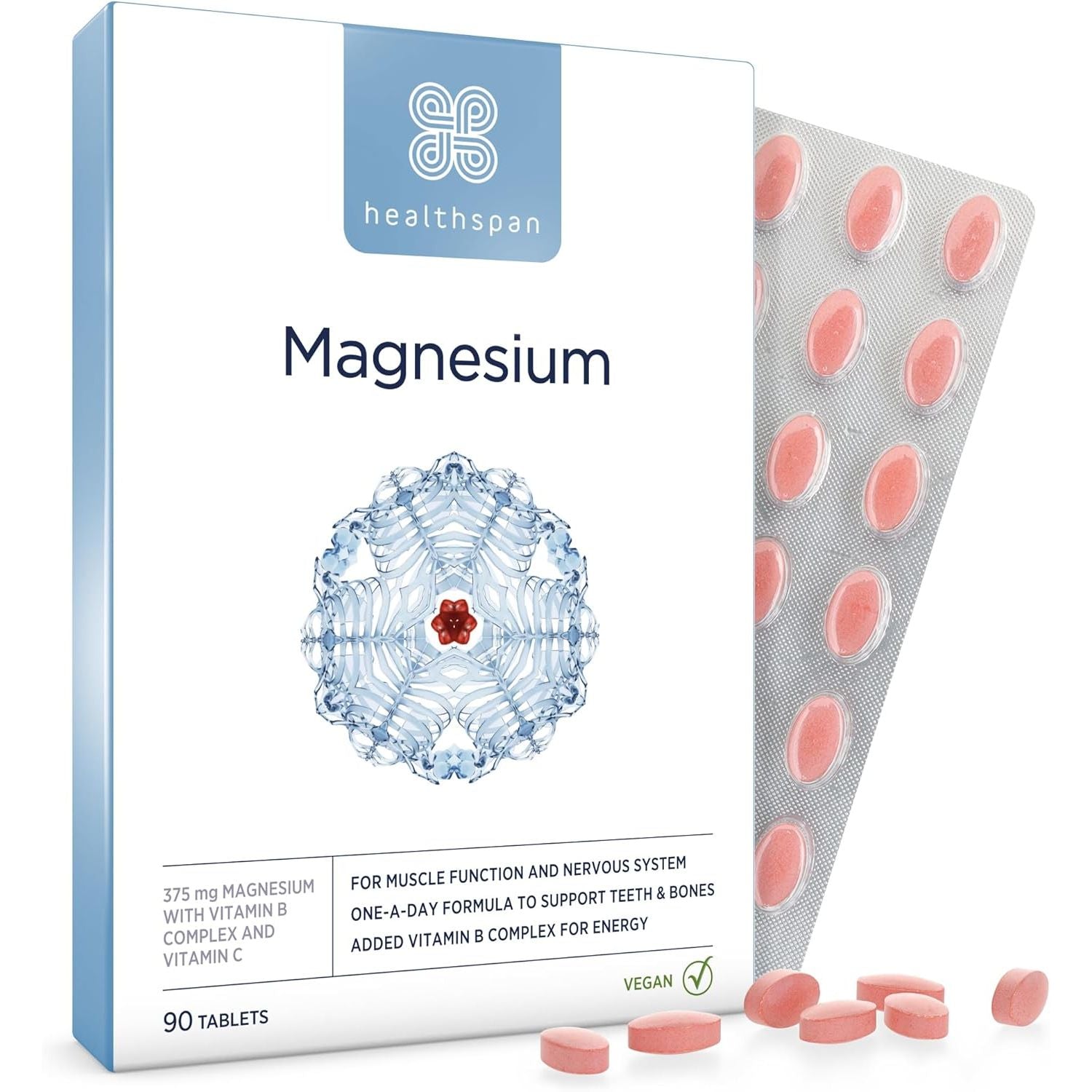 Healthspan Magnesium 375Mg | Everyday Support for Muscles & Nervous System | Added B Vitamins Complex | Added Benefits for Your Bones, Teeth & Energy Levels | Vegan (90 Tablets)