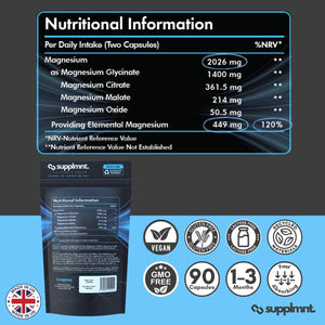 Magnesium Glycinate 4-In-1 Complex - 2026Mg Supplements as Bisglycinate, Citrate, Malate & Oxide 90 Vegan Capsules, Triple High Absorption 449Mg Elemental, UK Made