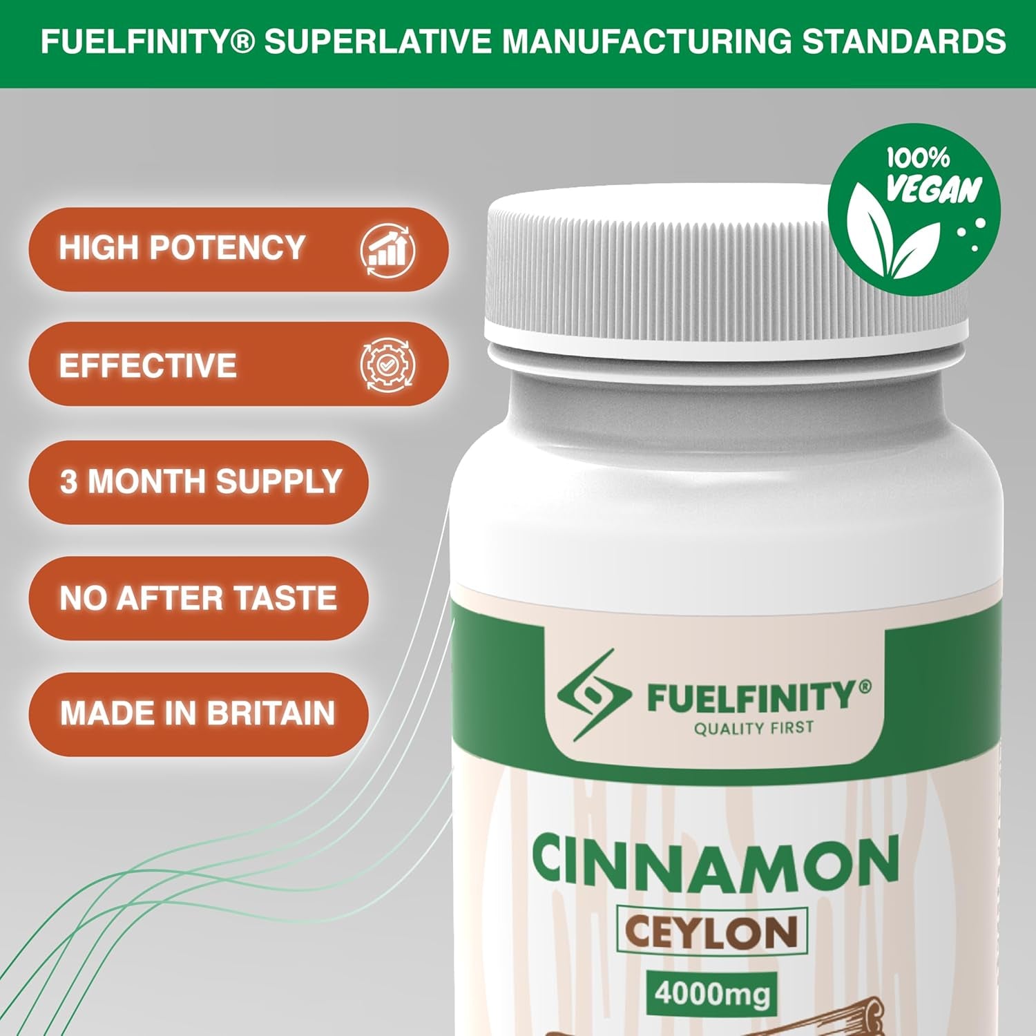 Ceylon Cinnamon Tablets 4000Mg - 180 Tablets - Blood Sugar Control Supplement - Made at GMP Standards - High Strength Cinnamon Supplement - Fuelfinity® - Vegan (1 Pack)