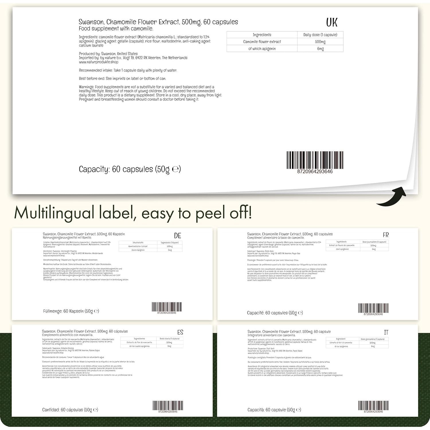 Swanson, Chamomille Flower Extract, 500Mg, High Dose, 60 Capsules, SOYA Free, Gluten Free, Non-Gmo