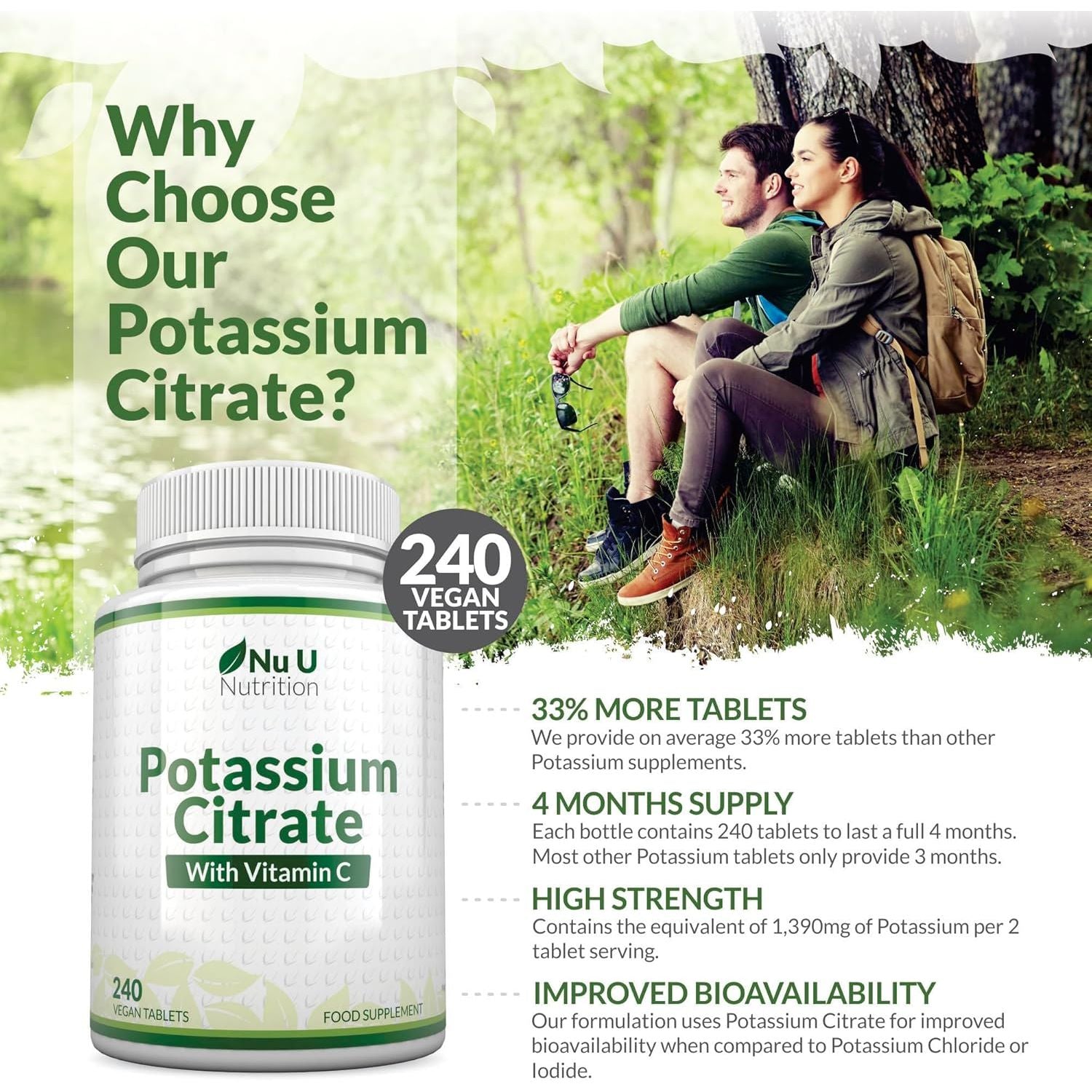 Potassium Supplement High Strength 1550Mg & Vitamin C - 240 Vegan Tablets - 4 Month Supply - Potassium Citrate for Natural Electrolytes Support - Made in the UK - Nu U Nutrition