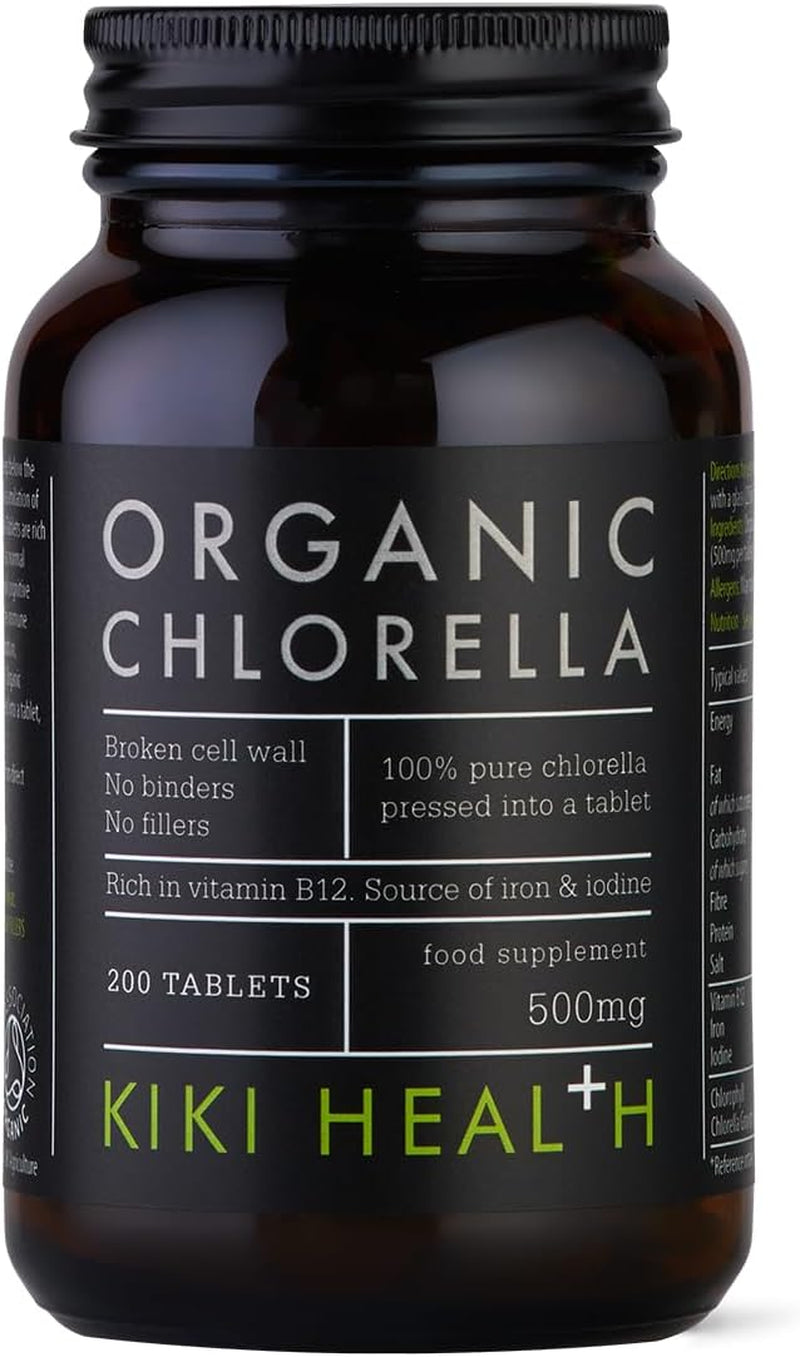 KIKI Health Organic Chlorella Tablets | 100% Organic Chlorella - Digestive, Immune, & Brain Health | Natural Source of Vegan Protein & Vitamins | Superfood for Detox Support, 200 Tablets (500Mg)