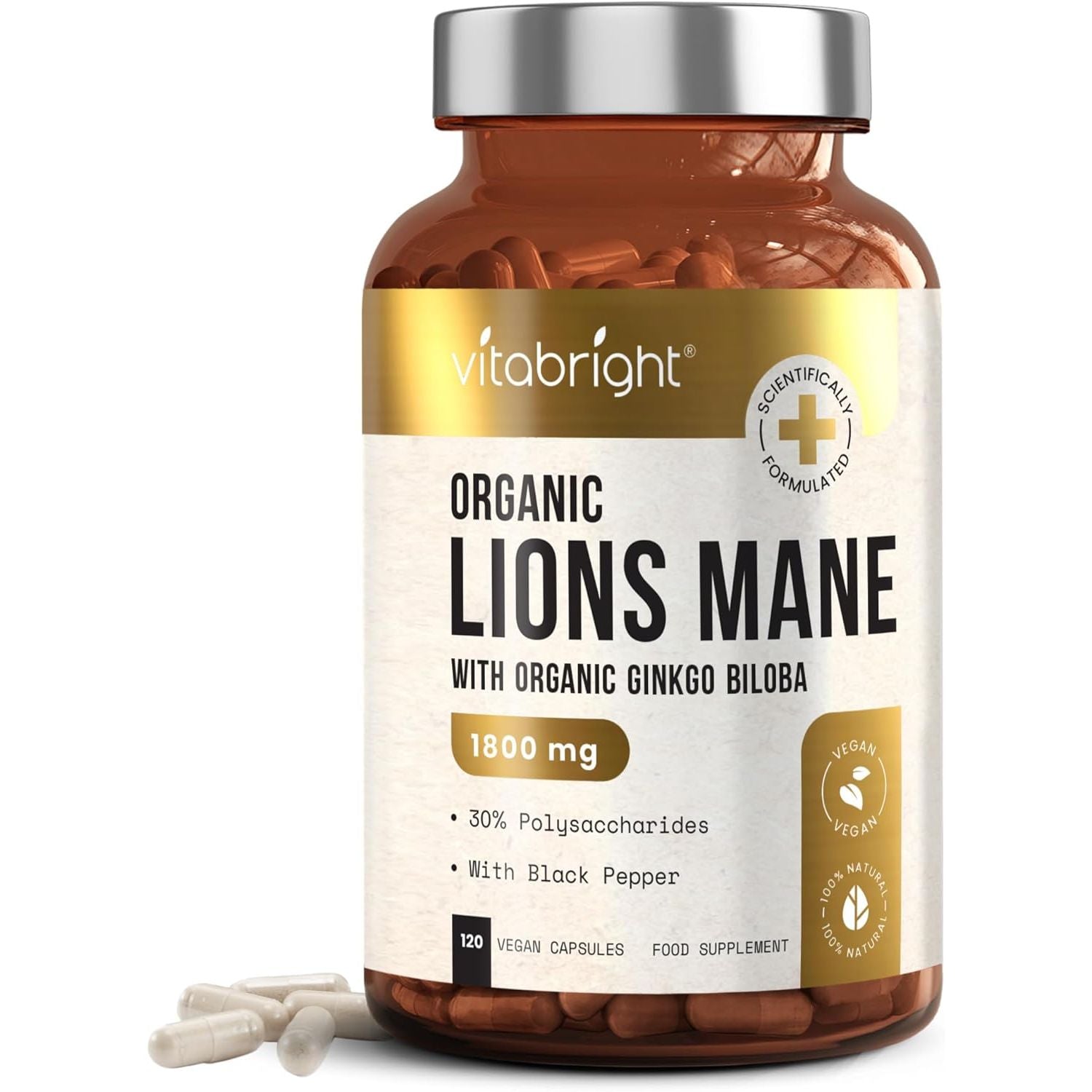 Vitabright Lions Mane Supplement Capsules | Mushroom Complex | 3600 Mg per 2 Capsules | 4 Month Supply | Organic Lions Mane Powder & Gingko Biloba | High Strength Lionsmane Supplement | Made in UK