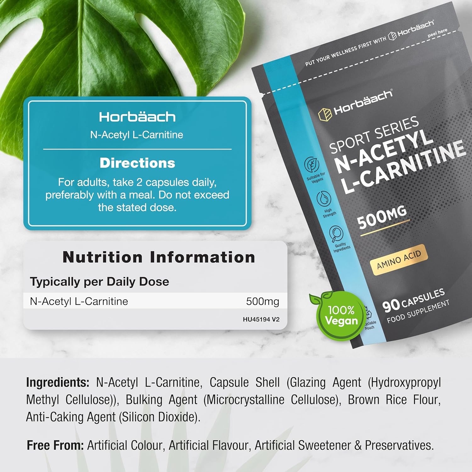 Acetyl L-Carnitine 500Mg | 90 Vegan Capsules | High Strength ALCAR Supplement | Amino Acid | by Horbaach