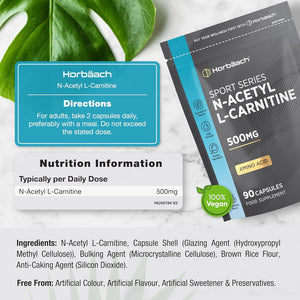 Acetyl L-Carnitine 500Mg | 90 Vegan Capsules | High Strength ALCAR Supplement | Amino Acid | by Horbaach