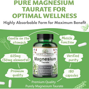 Source of Nature® | Magnesium Taurate 625Mg | 180 Capsules | 45-Day Supply | 50Mg Elemental | High Absorption | Gentle on Stomach | Lab-Tested Purity