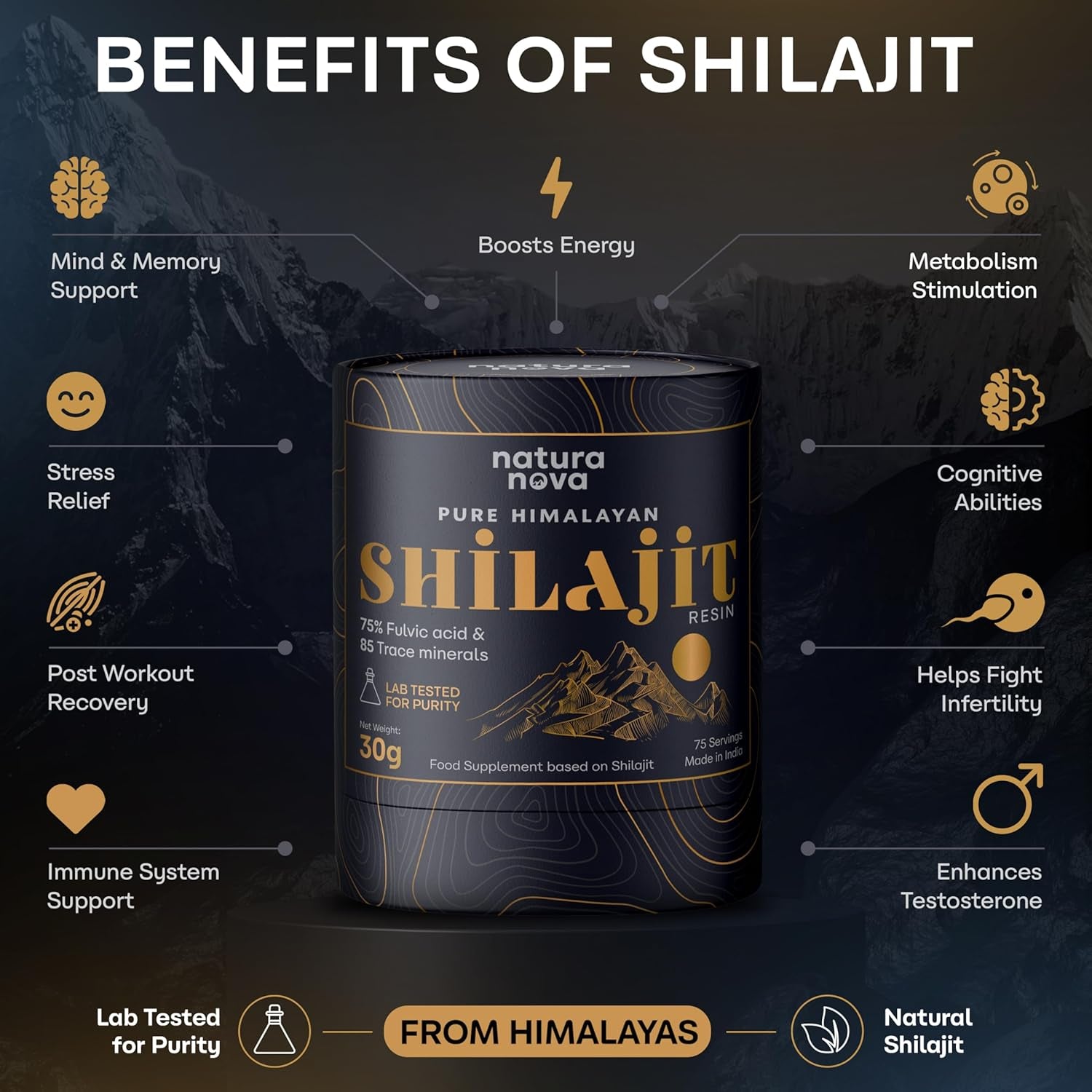 Naturanova Pure Himalayan Shilajit Resin - 100% Natural | 70 Servings for Energy Boost, Immune Support, 75%+ Fulvic Acid | Ayurvedic Supplement with 80+ Trace Minerals Complex