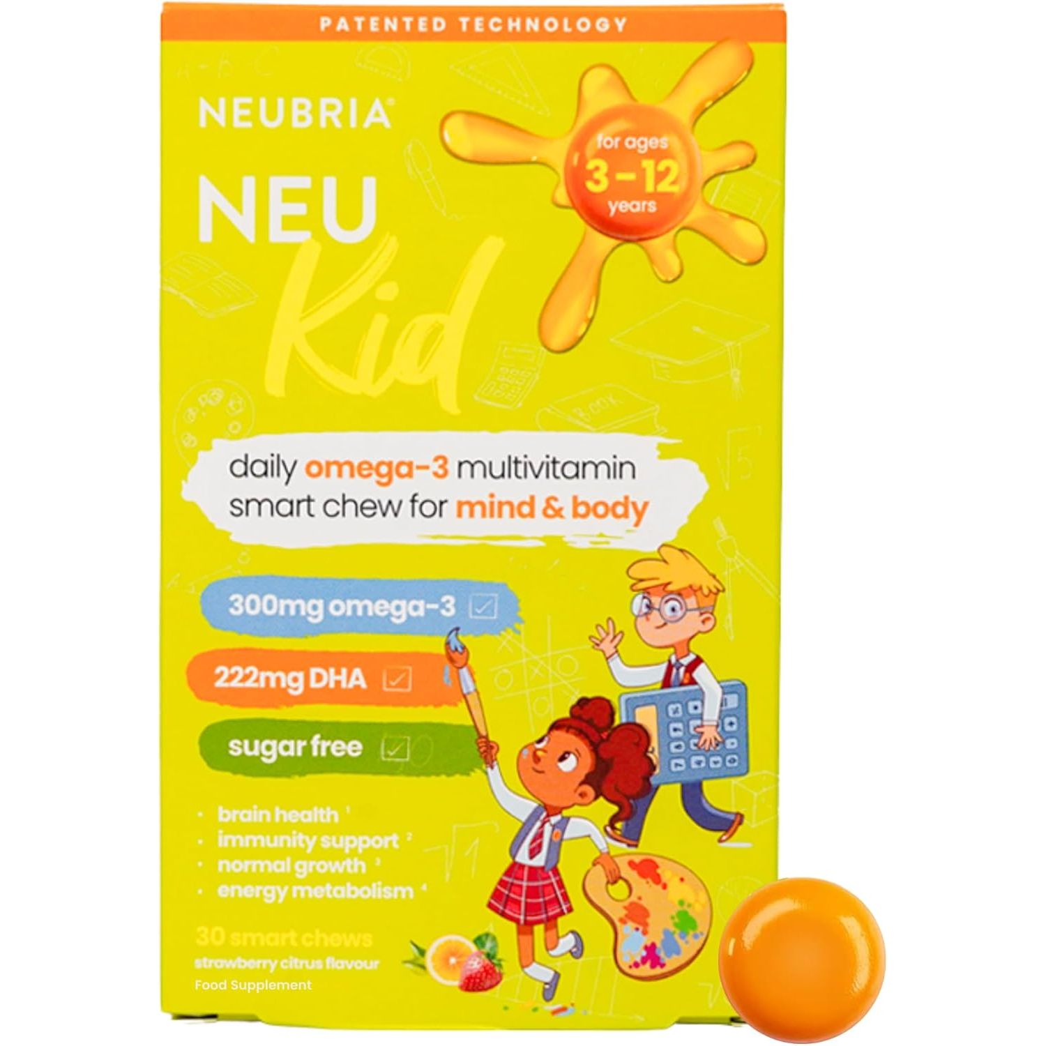 NEUBRIA NEU Kid Multivitamin & Omega-3 - Children Vitamins A, C, D, E, B Complex & Fish Oil for Kids - Sugar-Free Natural Soft Chews for Daily Wellness - UK Made, 30 Chewables