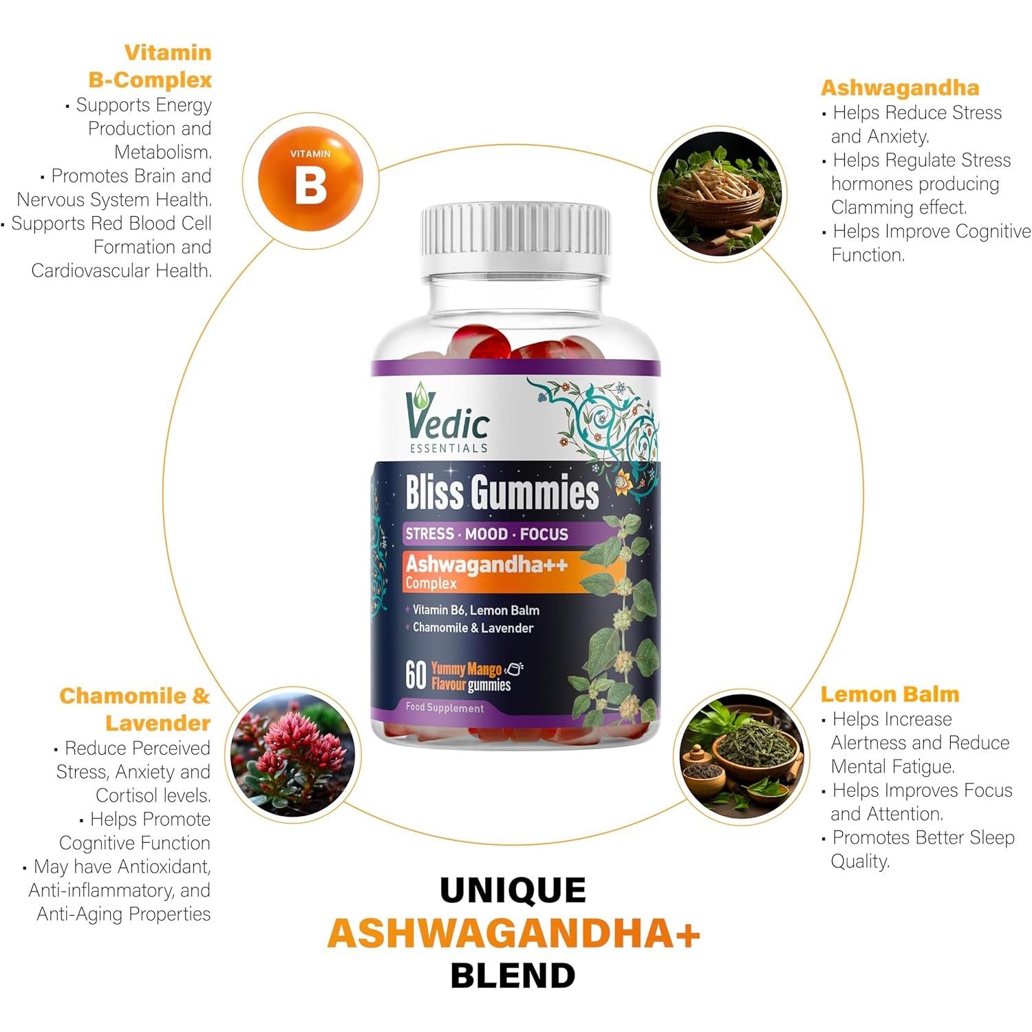 Vedic Bliss Gummies- Stress, Mood, Focus | Sugar Free Ashwagandha Gummies with Chamomile, Lemon Balm, Lavender, VIT B6 | Stress & Anxiety Gummy | High Strength Ashwagandha, Vegan, Yummy Mango Flavor
