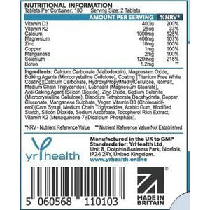 Calcium, Magnesium, Zinc and Vitamin D plus Vitamin K2 MK-7 Tablets - Osteo Supplement - 180 Vegan Tablets Not Capsules - Made in the UK by Yrhealth