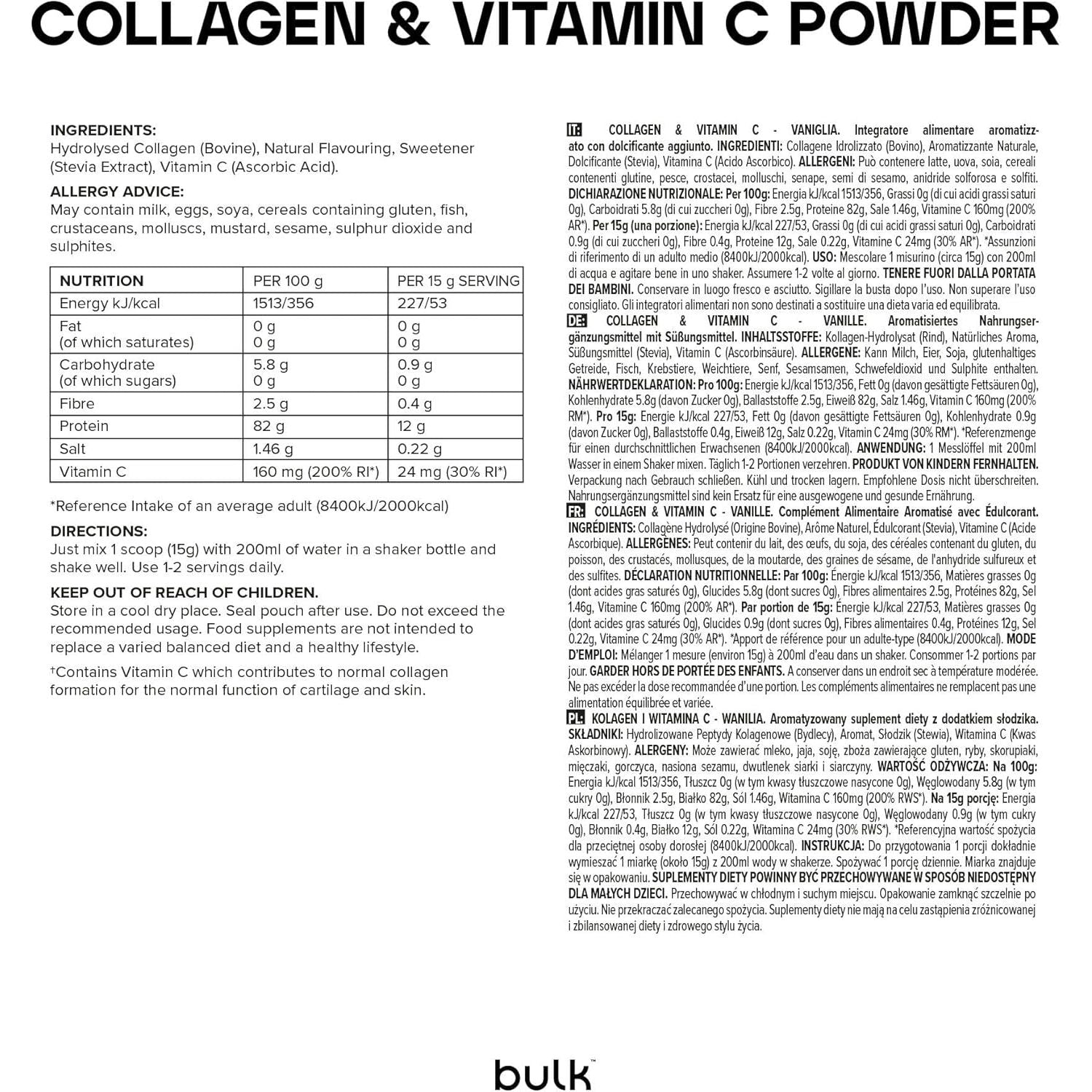 Bulk Collagen and Vitamin C Powder, Vanilla, 500 G, Packaging May Vary