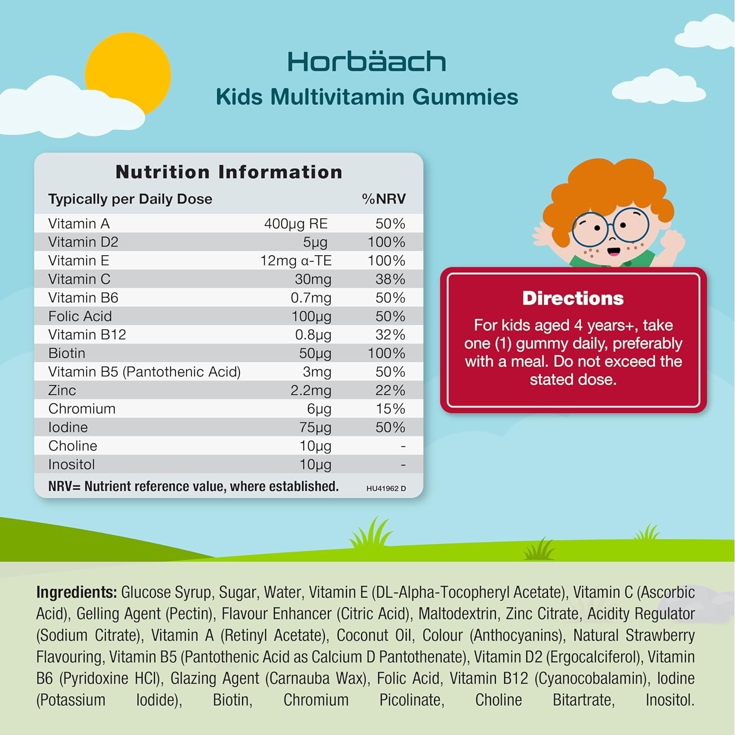 Kids Multivitamin Gummies | 60 Count (2 Months Supply) | 14 Essential A-Z Nutrients | with Vitamin A, B12, C, D & Zinc | Strawberry Flavour | Vegan Gummy Supplement for Ages 4+| by Horbaach
