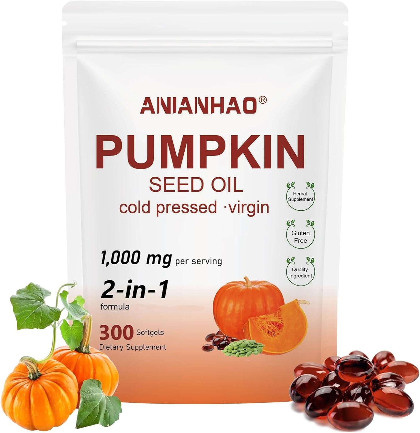 Pumpkin Seed Oil Capsules 300 Softgels, Pumpkin Seed Extract | 2 in 1 Pumpkins Seed Oil for Hair Growth, Cold Pressed, Supports Hair, Heart, Skin Supplement | Non-Gmo | Gluten Free