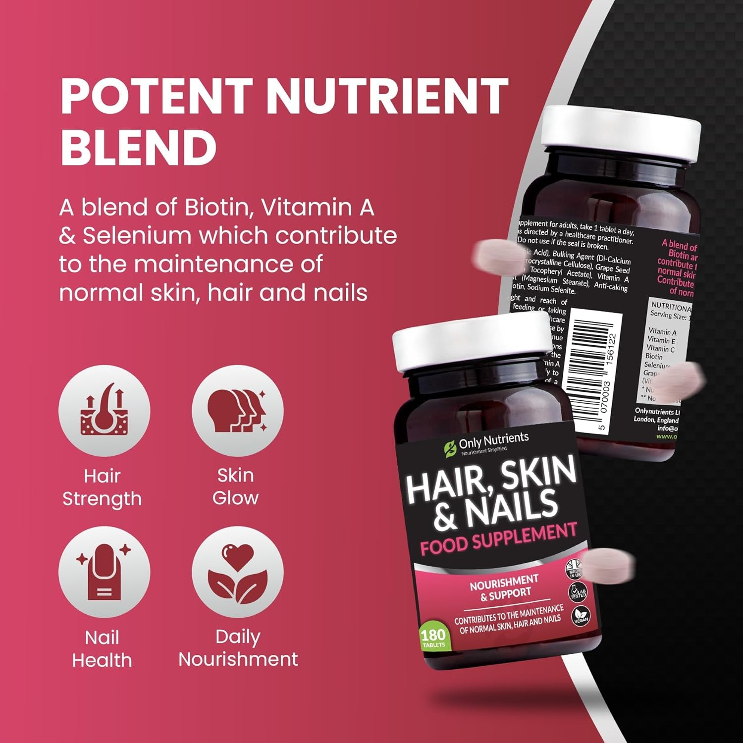 Only Nutrients - Hair Skin and Nails Vitamins, Beauty Supplements with Biotin & Selenium plus Vitamin C, a & E, High-Strength Vegan Supplements for Women/Men, 180 Biotin Tablets