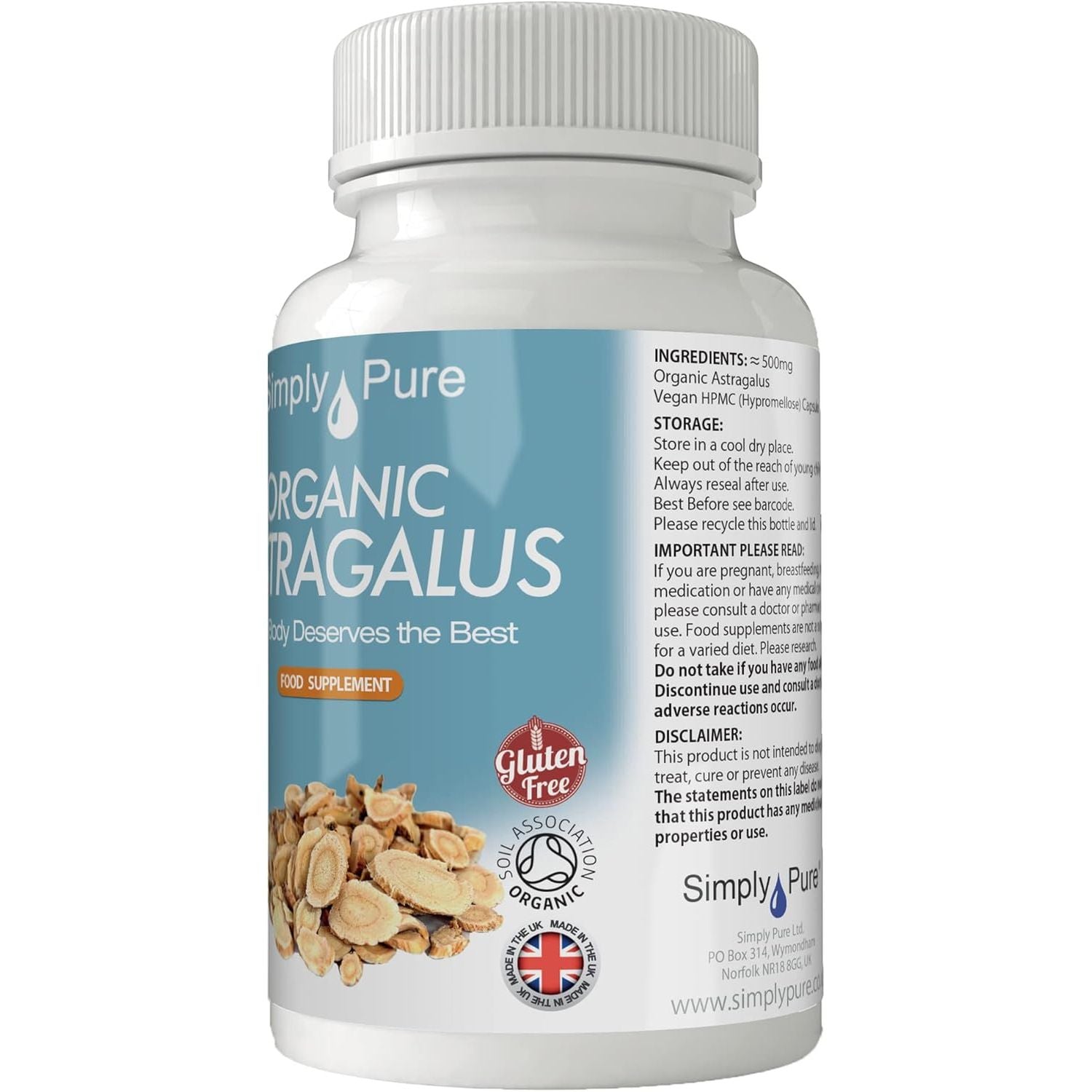 Simply Pure Organic Astragalus | Immunity Boost & Healthy Ageing | 500Mg Capsules X 90 |100% Pure Soil Association Certified | Gluten Free | GM Free | Vegan