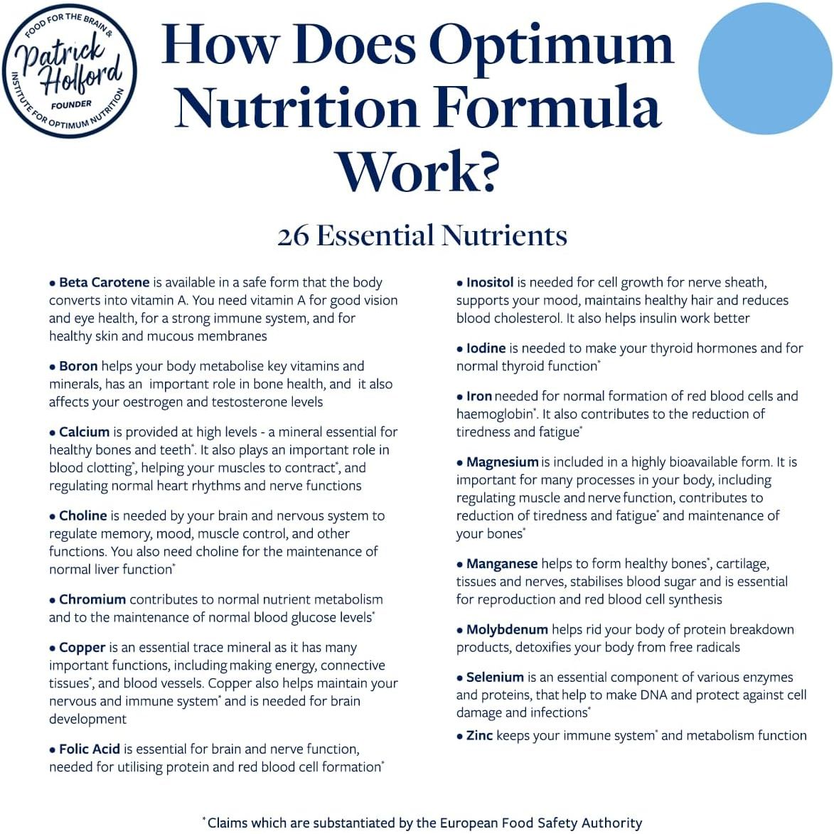 Patrick HOLFORD Optimum Nutrition Formula/The Ultimate, Multi-Vitamin & Mineral Supplement/For Daily & Long-Term Health / 24 Nutrients/Naturally Sourced / 60 Tablets/Vegan/For Women & Men