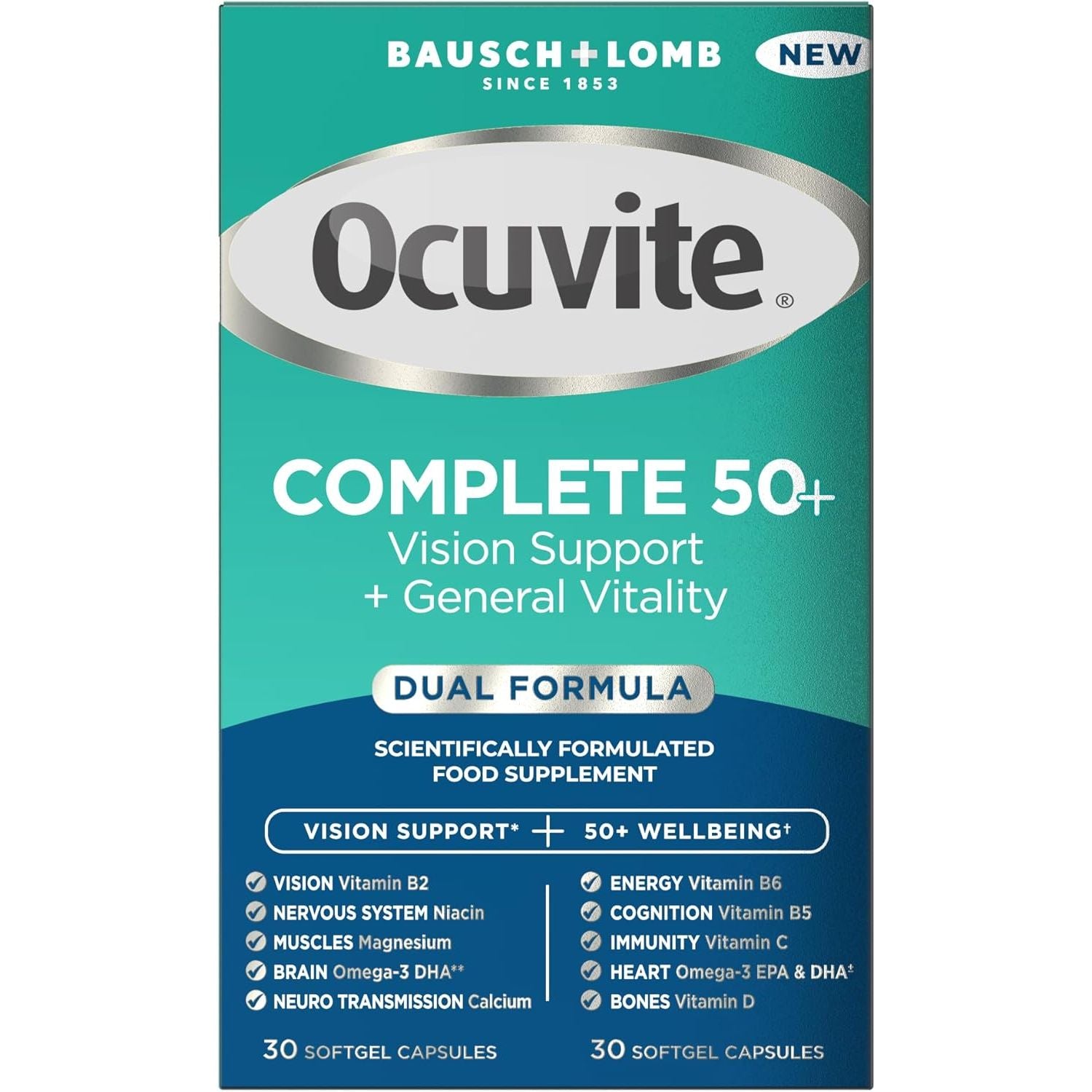 Ocuvite Complete 50+ Eye Supplement - Supports the Visual System & 50+ Wellbeing by Bausch + Lomb – Lutein and Zeaxanthin Supplement with Omega 3 DHA & EPA, Vitamin B6 & Vitamin D, 2 Capsules per Day