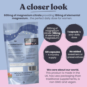 120-Count of 600Mg Magnesium Citrate Capsules for Women — Made for Fast & Effective Absorption — Helps with Menopause, Relaxation, Joint Health, and Good Night'S Sleep — Women'S Owned and Made in UK