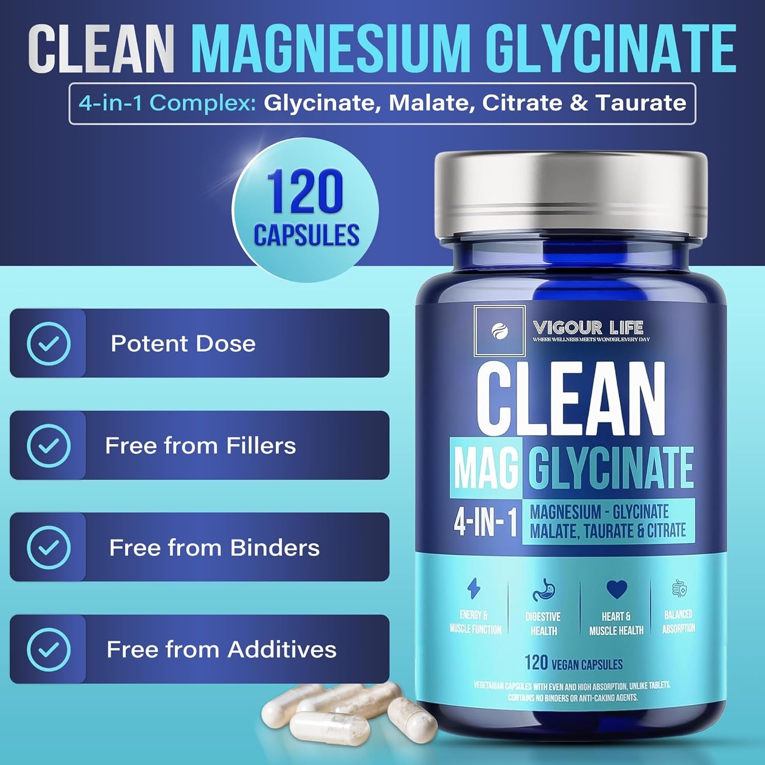Magnesium Glycinate Complex 120 Vegan Capsules, High Absorption 4-In-1 Magnesium Supplement with Malate, Citrate & Taurate, for Sleep Support, Muscle Recovery, Heart Health & Energy