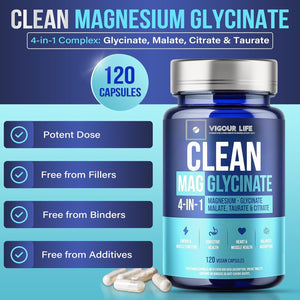 Magnesium Glycinate Complex 120 Vegan Capsules, High Absorption 4-In-1 Magnesium Supplement with Malate, Citrate & Taurate, for Sleep Support, Muscle Recovery, Heart Health & Energy