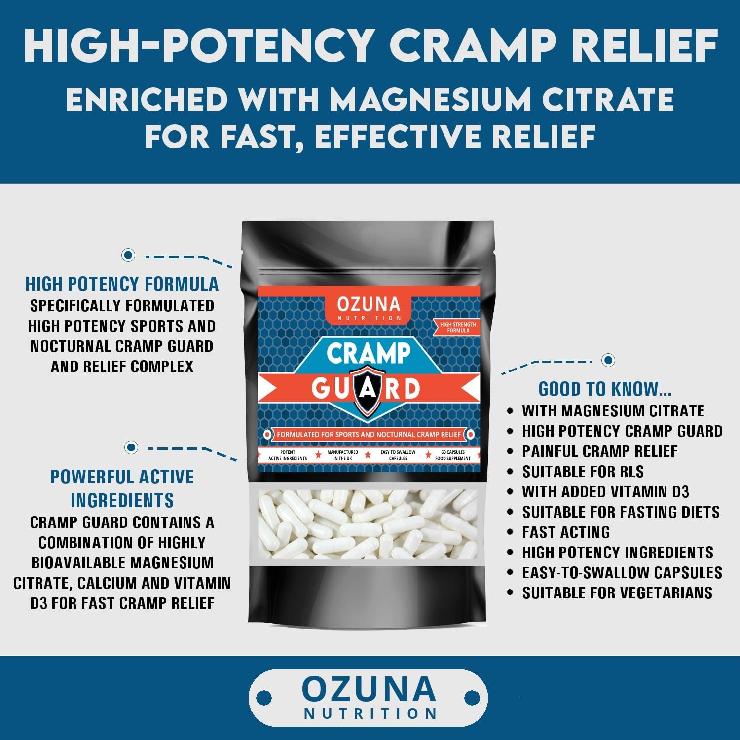 Cramp Guard Magnesium Supplement | Sports & Nocturnal Cramp Relief | Highly Bioavailable Magnesium Citrate, Vitamin D3 & Calcium | Muscle, Leg Cramps & Restless Leg Syndrome (RLS) Relief, 60 Capsules