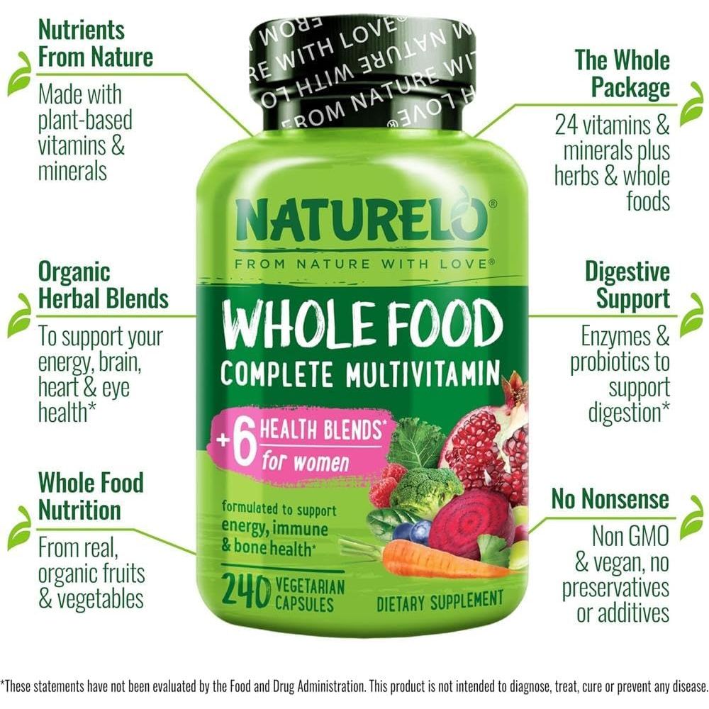NATURELO Whole Food Multivitamin for Women - with Natural Vitamins, Minerals, Botanical Blends - Complete All-In-One Supplement for Energy, Brain, Eye Health - 240 Vegan Capsules | 2 Month Supply