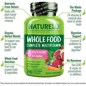 NATURELO Whole Food Multivitamin for Women - with Natural Vitamins, Minerals, Botanical Blends - Complete All-In-One Supplement for Energy, Brain, Eye Health - 240 Vegan Capsules | 2 Month Supply