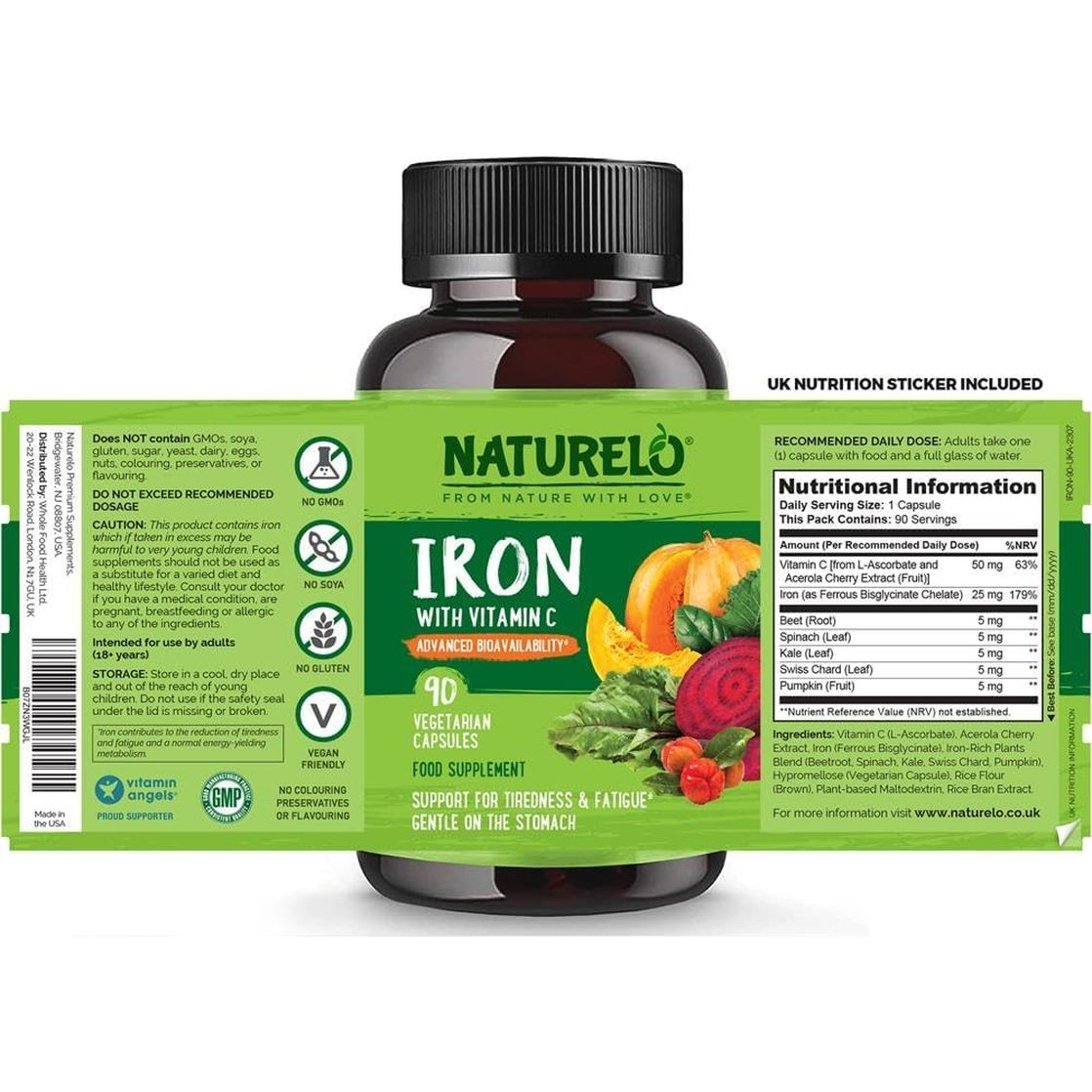 Iron Supplement with Vitamin C & Whole Food Blend – Gentle Iron Capsules for Women & Men – Supports Energy, Pregnancy, Anemia & Vegan Diets – 90 Mini Capsules (3-Month Supply)