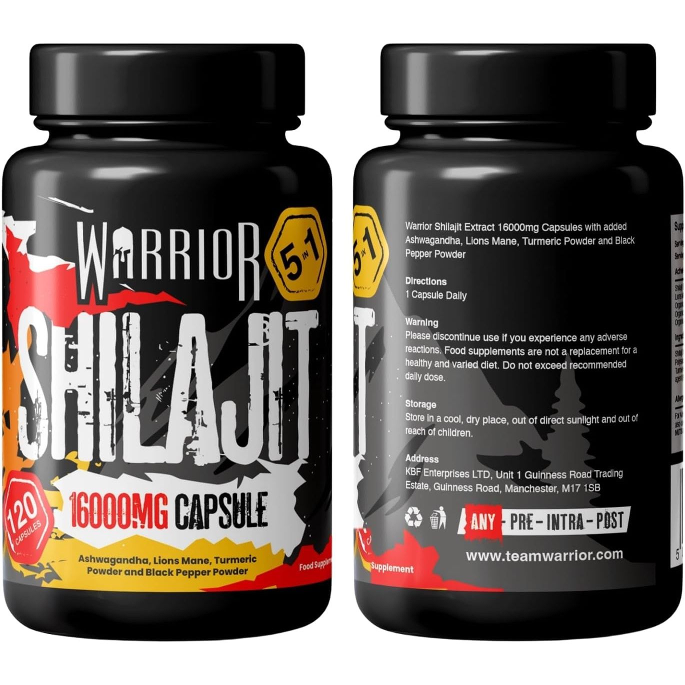 Warrior SHILAJIT Capsules (120 Capsule and Servings) – 5 in 1 Supplement (Not Resin) – 16000Mg Pure Organic Extract – Includes Ashwagandha, Lions Mane, Turmeric & Black Pepper