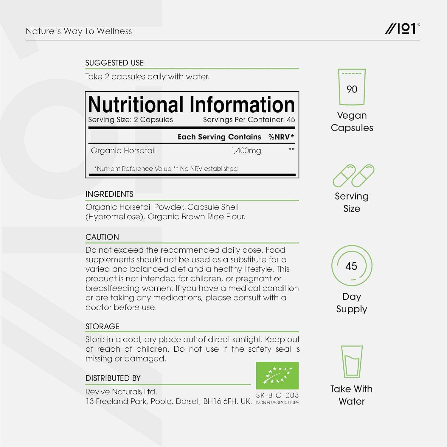 Organic Horsetail 1400Mg – 90 Vegan Capsules (45 Day Supply) – Pure & Potent Powder – Resealable and Recyclable Pouch by Alpha01