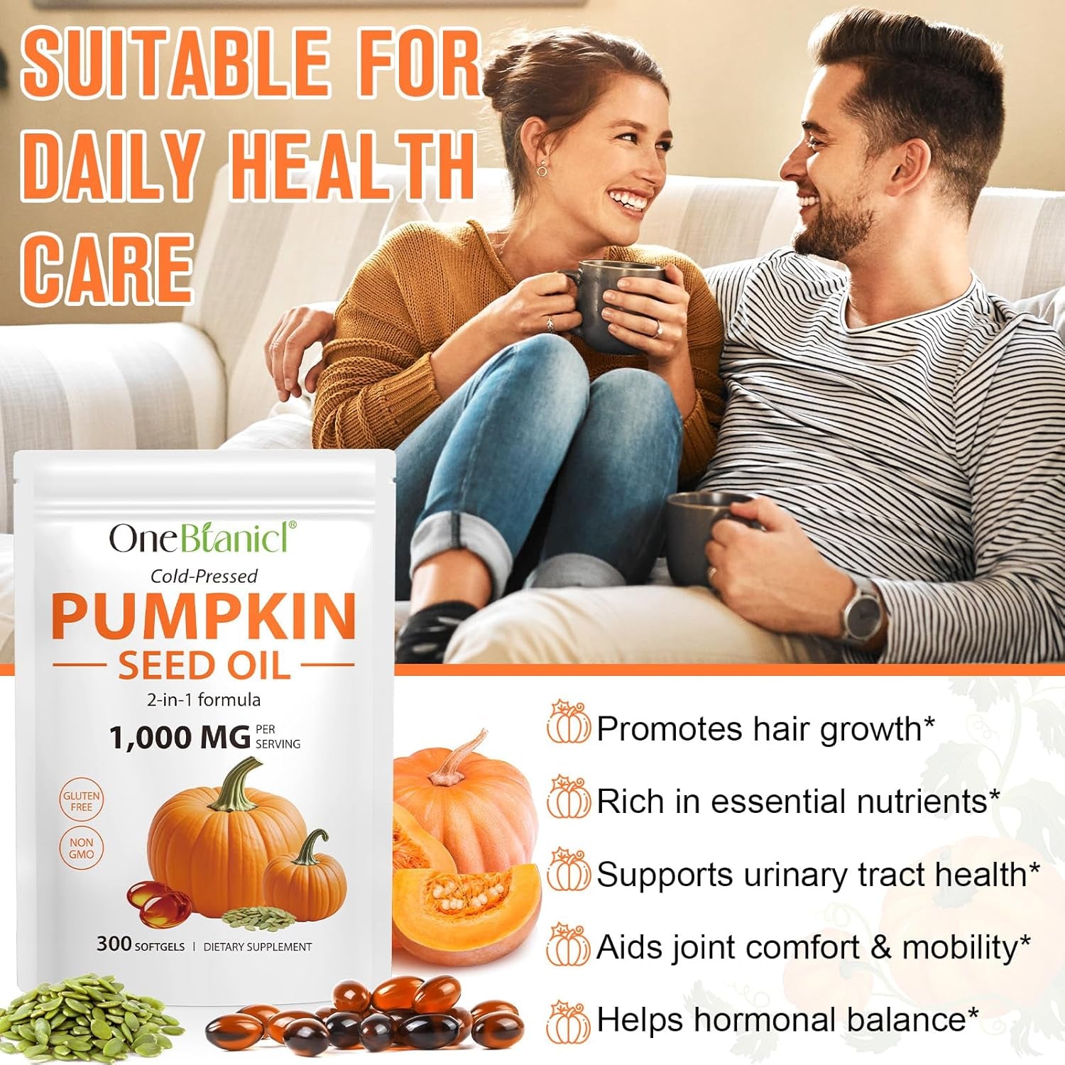 Pumpkin Seed Oil Capsules 1000Mg per Serving - 300 Softgels for Hair & Urinary Support - 2-In-1 Formula, Rich in Zinc & Omega Fatty Acids - Easy-To-Swallow, Vegan