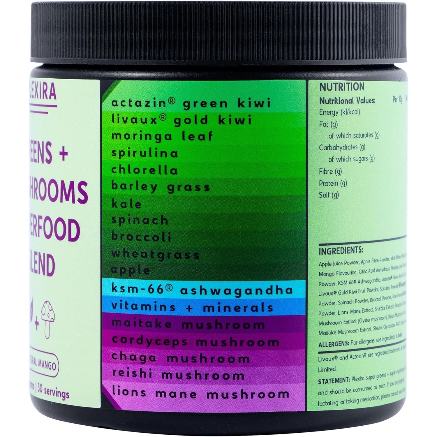 Super Greens Powder with Mushrooms 300G by Plexira – Natural Mango Greens Superfood Blend for Gut Health, Focus and Immunity
