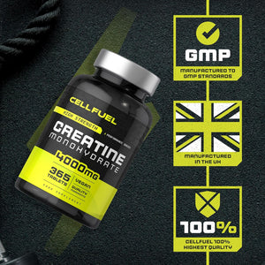 Creatine Monohydrate Tablets 4000Mg | High Strength | 365 Vegan Pills | by CELLFUEL