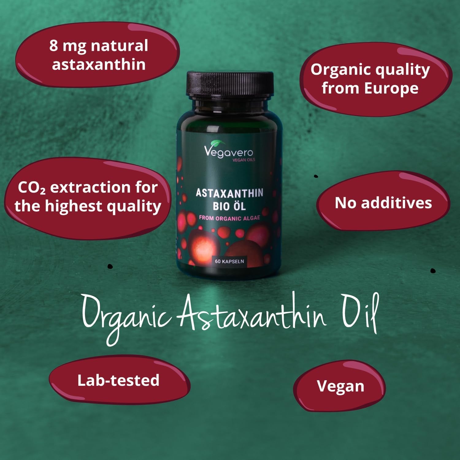 Vegavero Organic Astaxanthin 8 Mg | Natural Antioxidant Supplements | Highly Bioavailable | NO Additives, Lab-Tested | 60 Capsules | Vegan