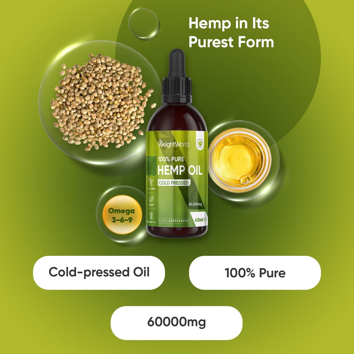 Pure & Cold Pressed Hemp Seed Oil - 60Ml - 60000Mg of Natural & Vegan Hemp Oil for Humans - 2000Mg per Serving - Sublingual Drops