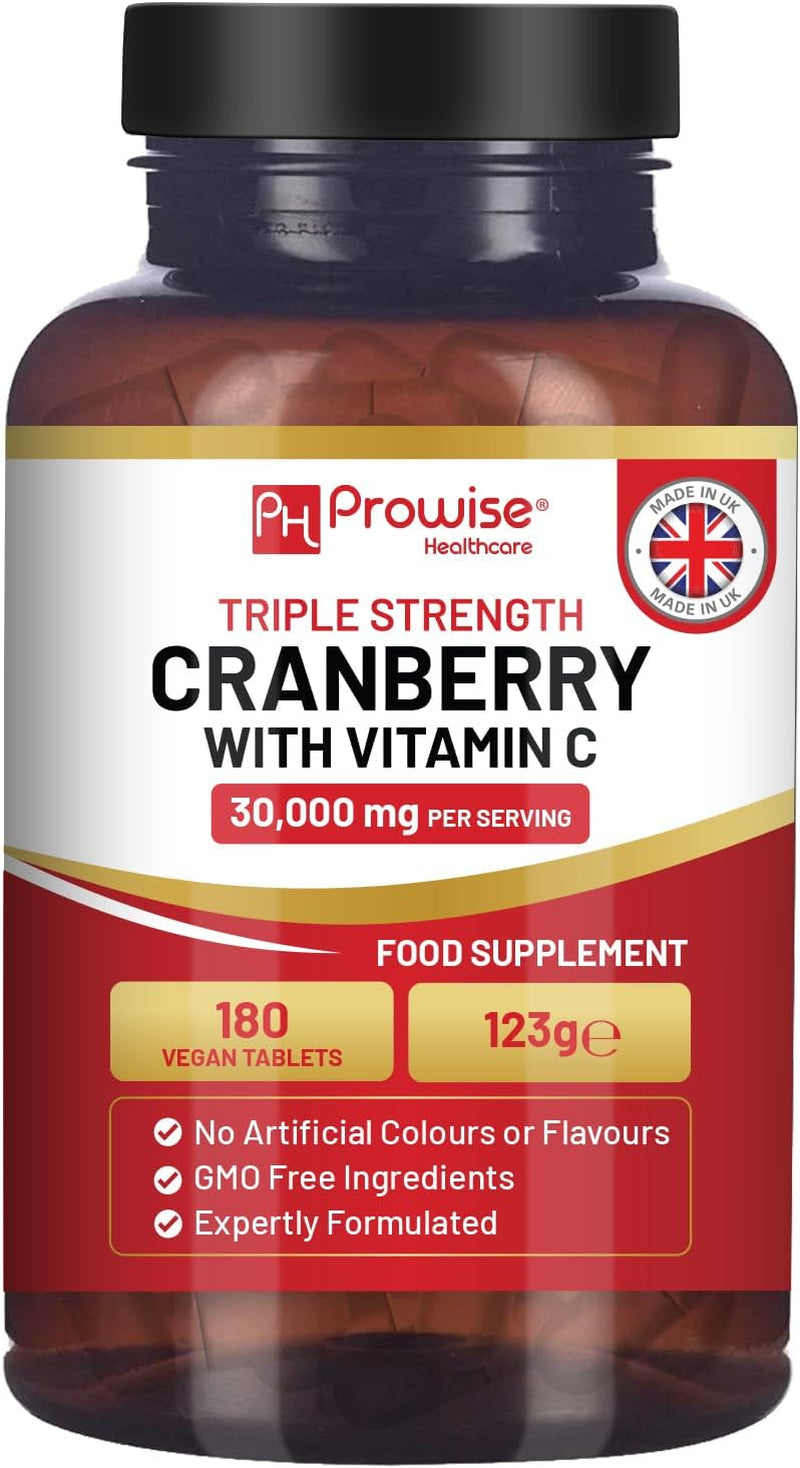 Triple Strength Cranberry 30,000Mg Added with Vitamin C - 180 Vegan Tablets I UTI Support for Women I Easy to Swallow Tablets I Made in the UK by Prowise Healthcare